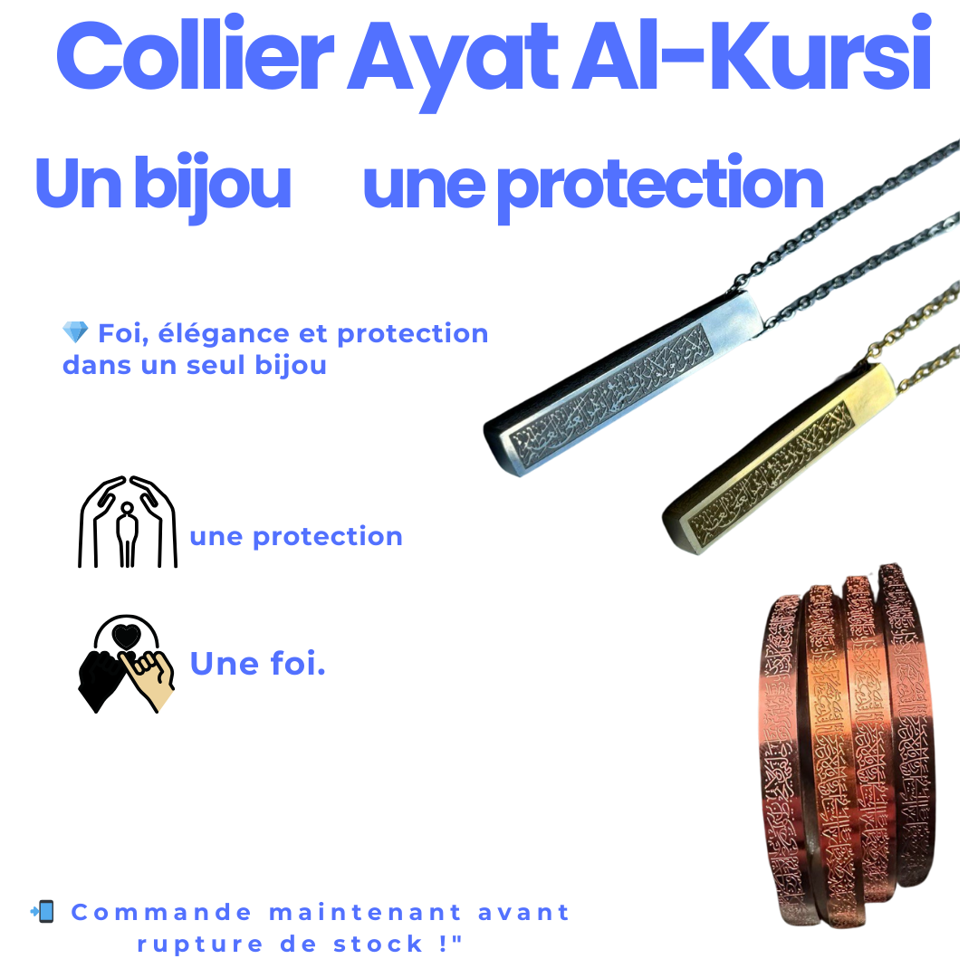 Collier pendentif cube Ayatul Kursi en acier inoxydable